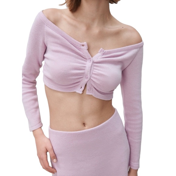 Zara Lavender Off-Shoulder Button Down Long Sleeve Crop Top Size S Pastel - Picture 2 of 10